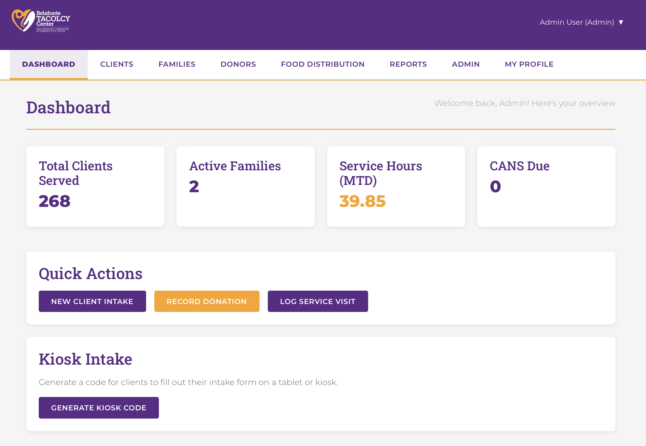 Belafonte TACOLCY Center CRM dashboard showing clients served, active families, service hours, and CANS assessments due